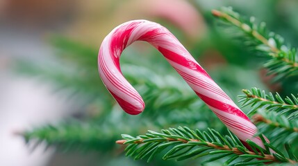 A Festive Close-up of a Candy Cane Nestled Among Lush Evergreen Branches, Celebrating the Joy of the Winter Holiday Season
