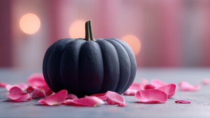 A Captivating Black Pumpkin Surrounded by Soft Pink Petals, Creating a Striking Contrast for Autumn and Seasonal Decor