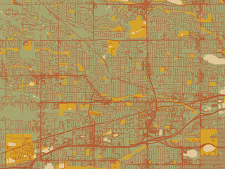 Vector-style flat map of Arvada, Colorado with earthy sage background with rust roadways and ochre details.