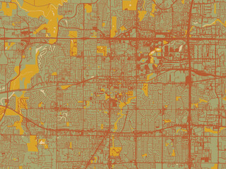 Obraz premium Vector-style flat map of Arlington, Texas with earthy sage background with rust roadways and ochre details.