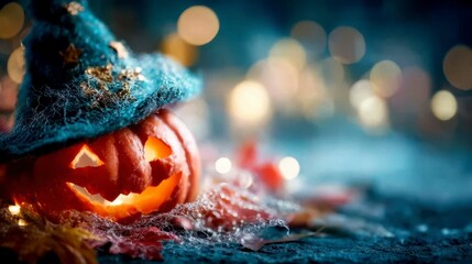 Cheerful Halloween Pumpkin with a Wizard Hat Surrounded by Autumn Leaves and Magical Bokeh Lights Creating a Spooky Yet Festive Atmosphere
