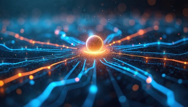 Abstract image. Tech design featuring glowing sphere at center. Lines and dots radiate outward. Represents digital, data, innovation, blockchain. Futuristic design. Modern visualization.