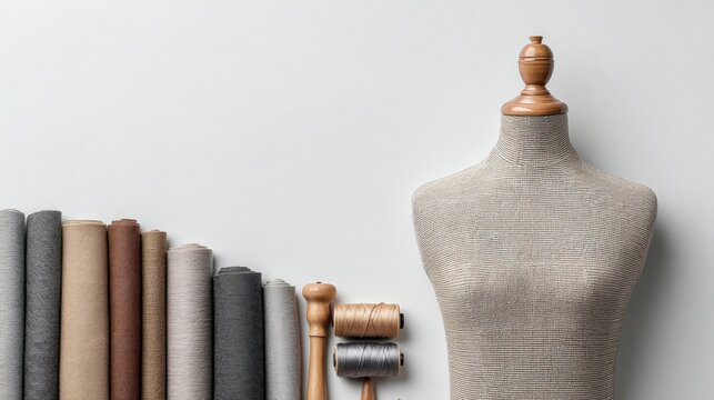 Fashion Studio Setup with Tailoring Tools, Spools of Thread, and Rolls of Fabric for Creative Design and Sewing Projects