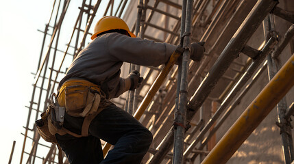 Construction worker climbing scaffolding, wearing a hard hat and tool belt. Construction site safety is important for worker safety.