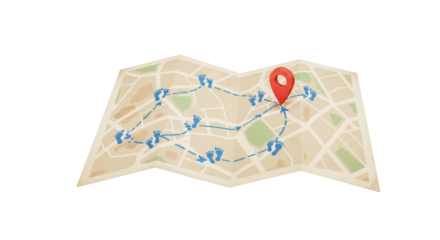 A small folded travel map paper with beige tone, route markings, footprint icons, and a red location pin, soft shadow, pastel color palette, vintage scrapbook aesthetic, isolated on clean background