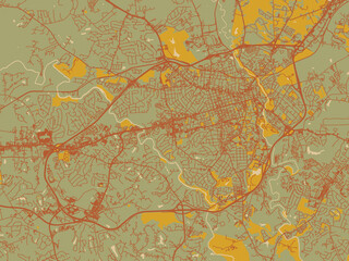 Decorative flat city map of Athens, Georgia using sage green ground with rust-red roads and ochre accents.