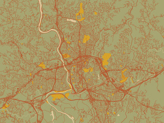 Vector-style flat map of Asheville North, Carolina with sage/olive tone field with rust networks and ochre shapes, cream water.