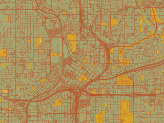 Graphic flat color map of Atlanta center, Georgia in earthy sage background with rust roadways and ochre details.