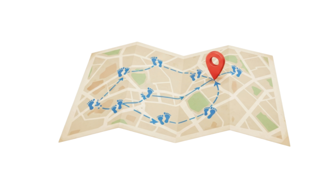 A small folded travel map paper with beige tone, route markings, footprint icons, and a red location pin, soft shadow, pastel color palette, vintage scrapbook aesthetic, isolated on clean background