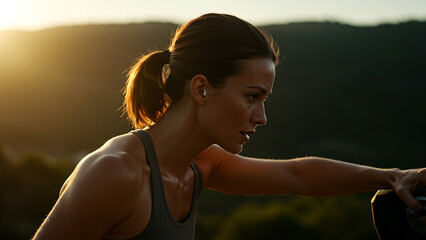 A determined woman takes a break during an outdoor workout at sunset, looking focused and sweaty.