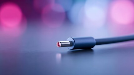 Close-up of a sleek, metallic connector with a blurred, colorful background showcasing modern technology's intricate details and design aesthetic.