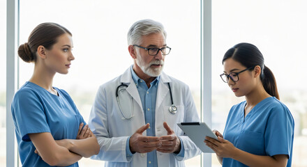 Doctor discussing with two nurses over tablet