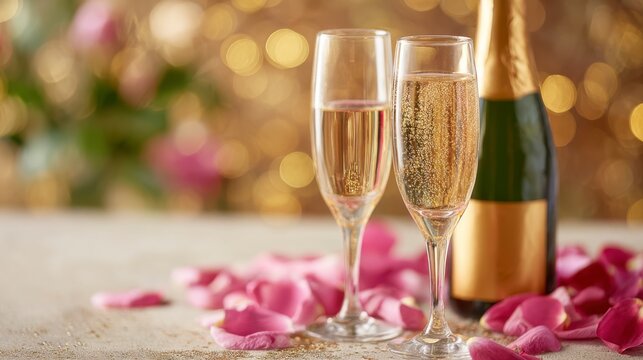 Elegant Celebration with Sparkling Champagne Glasses and Rose Petals, Perfect for Special Occasions and Toasting to New Beginnings