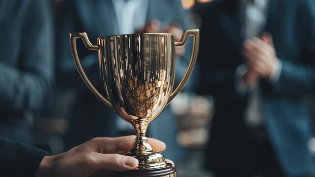 A person holding a trophy with applauding colleagues in business suits in the background.