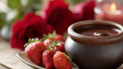 Delicious Strawberries Dipped in Rich Chocolate Surrounded by Elegant Roses Creating a Romantic and Indulgent Atmosphere