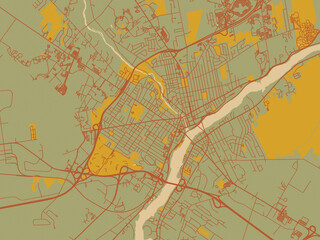 Vector-style flat map of Bangor, Maine with sage/olive tone field with rust networks and ochre shapes, cream water.