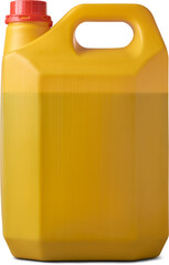 close-up of yellow plastic jerry can with red cap, industrial container filled with liquid isolated white background, mock-up template of fuel storage and chemicals concept
