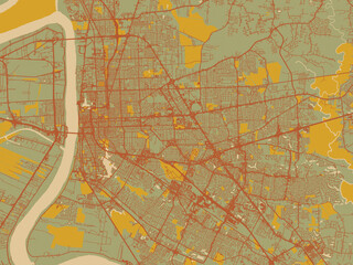 Poster-ready flat map of Baton Rouge, Louisiana, olive backdrop with warm rust street network and ochre blocks.