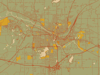 Contemporary flat map of Battle Creek, Michigan rendered with muted sage base, rust-colored roads, and soft ochre highlights.