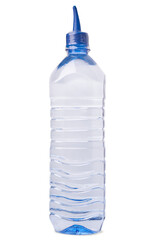 transparent plastic distilled water dispenser bottle, sealed with a blue cap and nozzle for precise pouring, isolated white background, used in medical, laboratory or automotive applications