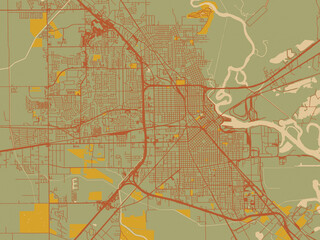 Abstract flat-design map of Beaumont, Texas, featuring sage green ground with rust-red roads and ochre accents.