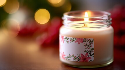 A beautifully lit candle in a jar adorned with floral patterns, enhancing the warm ambiance and festive spirit during a cozy gathering or celebration.