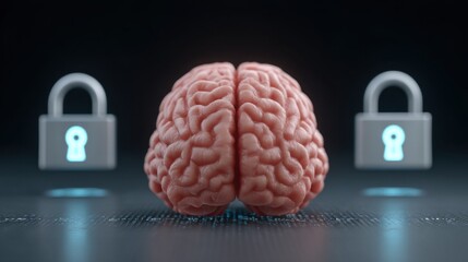 Human brain at the center with digital interfaces and security locks depicting the concept of mental protection and cognitive security in modern technology