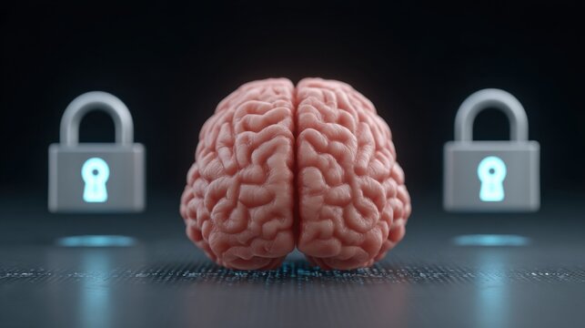 Human brain at the center with digital interfaces and security locks depicting the concept of mental protection and cognitive security in modern technology