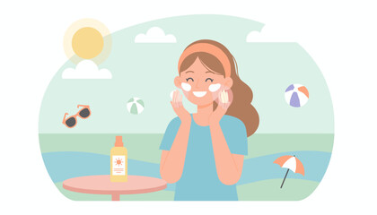Smiling woman applies sun cream promoting healthy summer skincare and sun protection