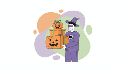 Enthusiastic person in witch costume delivers festive Halloween pumpkins and gift packages