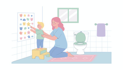 Supportive mom and toddler using reward chart for potty training in a clean bathroom