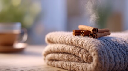 A Cozy Scene Featuring Soft Textiles and Aromatic Cinnamon Sticks, Creating a Warm and Inviting Atmosphere Perfect for Relaxation and Comfort