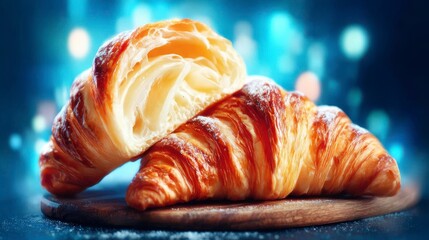 Deliciously Flaky Butter Croissants Resting on a Wooden Board Against a Soft Focus Background of Blue and Bokeh Lights
