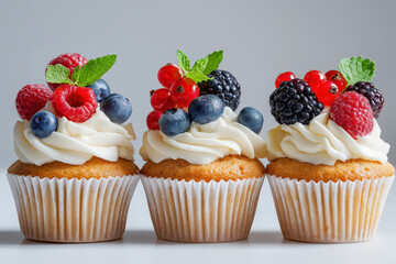 Three cupcakes with white custard stand in a row, bright, beautiful, delicious, decorated with berries