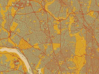 Vector-style flat map of Bethesda, Maryland with earthy sage background with rust roadways and ochre details.
