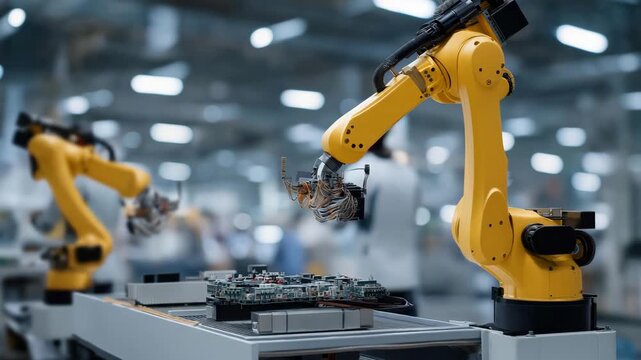 Wide view of modern smart factory where robotic arms and mobile autonomous robots work together on electronic devices, showcasing industrial automation, precision assembly, and advanced