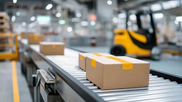 Workers monitor a robotic packing system in a warehouse, with boxes sealing, conveyors humming, a digital dashboard updating, and a forklift waiting nearby, captured in a logistical photo with box