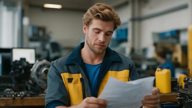 A mechanical engineer reviews a machine blueprint in a workshop, with tools clanking, a prototype on a bench, a computer showing schematics, and oil cans nearby, shown in a technical photo with