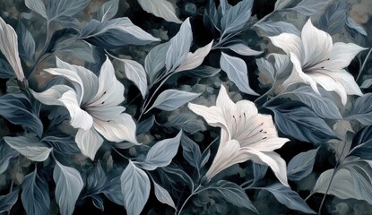 Detailed floral artwork of white flowers and dark leaves