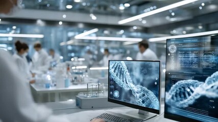 Advanced laboratory interior with glowing neon walls, scientists interacting with holographic genetic databases, and AI-powered systems analyzing DNA, highlighting futuristic research precision and - Powered by Adobe
