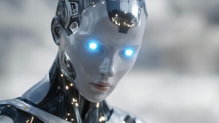 AI-generated close-up of humanoid android with metallic skin, luminous expressive eyes, and intricate facial mechanisms, highlighting cybernetic realism, advanced robotics, and futuristic - Powered by Adobe