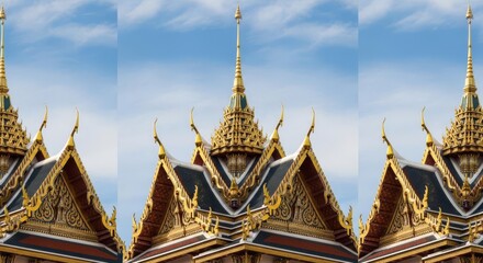 Thai Temple Roof Detail: Golden Ornamentation, Ornate Architecture, Blue Sky