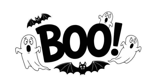 Cute cartoon ghosts and bats flying around the word boo isolated on transparent background