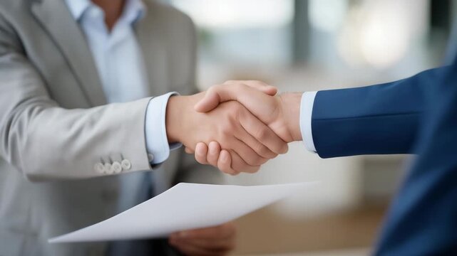 Advisor handing signed insurance folder to client with handshake, symbolizing trust, satisfaction, quality service, and completion of successful financial agreement. three-quarter wide angle,