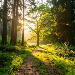 Obraz premium Sunlight streams through a forest path, illuminating a large oak tree