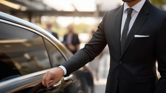 Driver opening limousine door for VIP guest at red-carpet event with photographers nearby, symbolizing high-profile service, prestige transportation, exclusive chauffeur professionalism, and