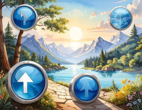 Scenic digital landscape with interactive buttons