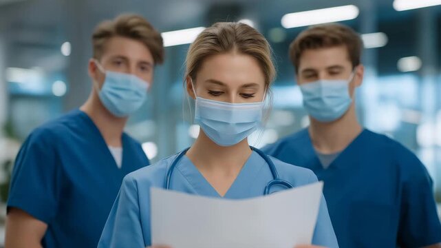 Healthcare staff reading pandemic protocol guidelines with serious expressions, symbolizing global safety, medical preparedness, and adherence to protective standards in modern hospitals.