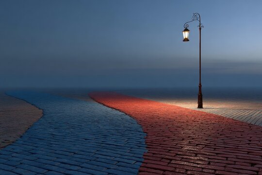 A stylized landscape of diverging paths, lit by a single vintage street lamp at dusk or dawn