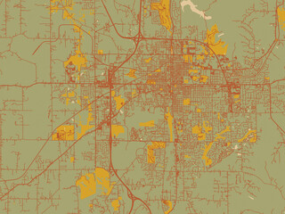 Graphic flat color map of Bloomington, Indiana in olive backdrop with warm rust street network and ochre blocks.